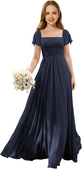 Augday Flutter Sleeves Junior Bridesmaid Dress Square Neck Flower Girl Dresses with Ruffles A Line Wedding Party Gown