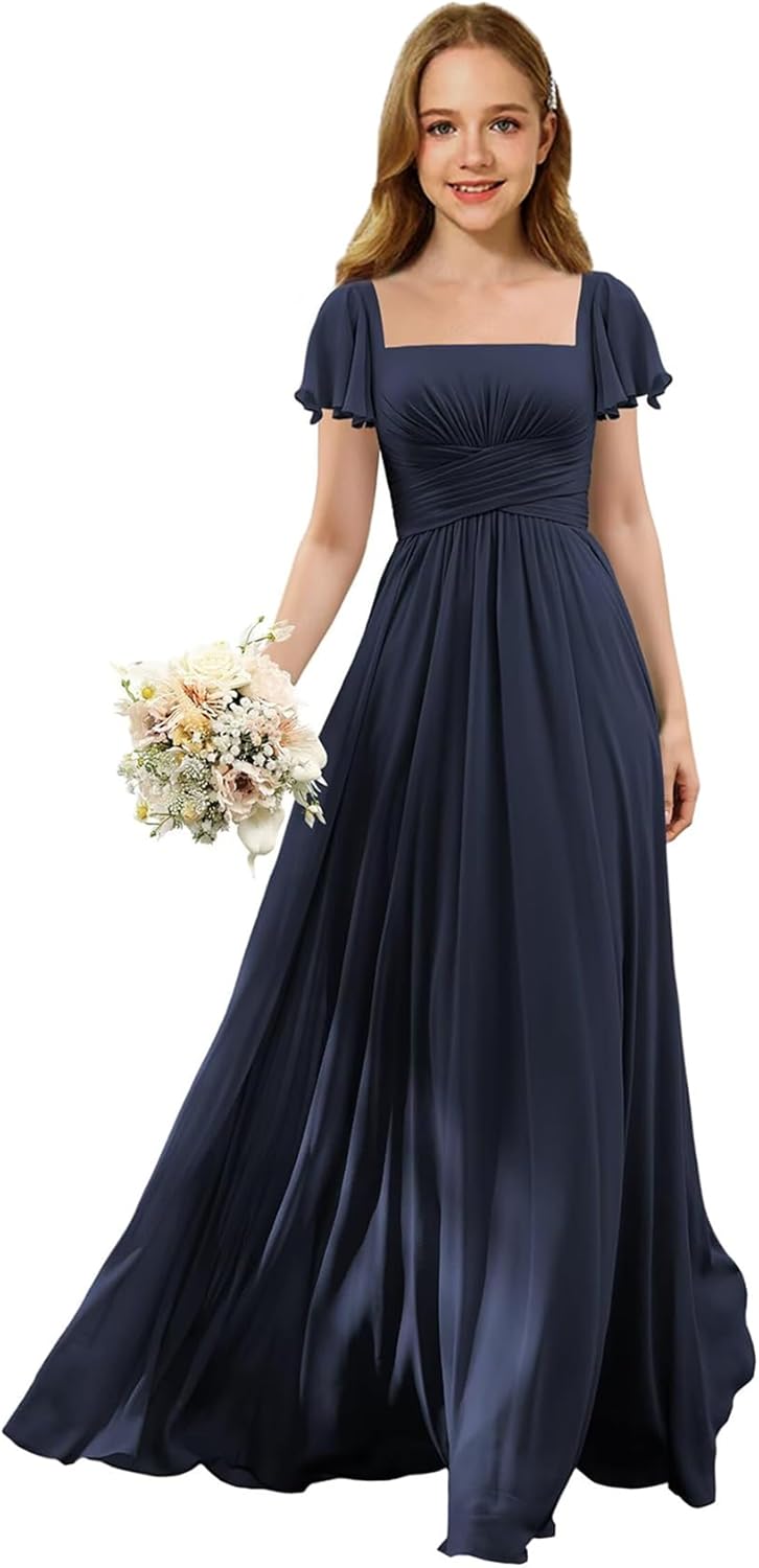 Flutter Sleeves Junior Bridesmaid Dress Square Neck Flower Girl Dresses with Ruffles A Line Wedding Party Gown
