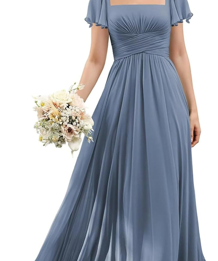 Flutter Sleeves Junior Bridesmaid Dress Square Neck Flower Girl Dresses with Ruffles A Line Wedding Party Gown