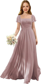 Augday Flutter Sleeves Junior Bridesmaid Dress Square Neck Flower Girl Dresses with Ruffles A Line Wedding Party Gown