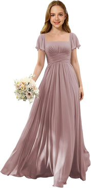 Flutter Sleeves Junior Bridesmaid Dress Square Neck Flower Girl Dresses with Ruffles A Line Wedding Party Gown