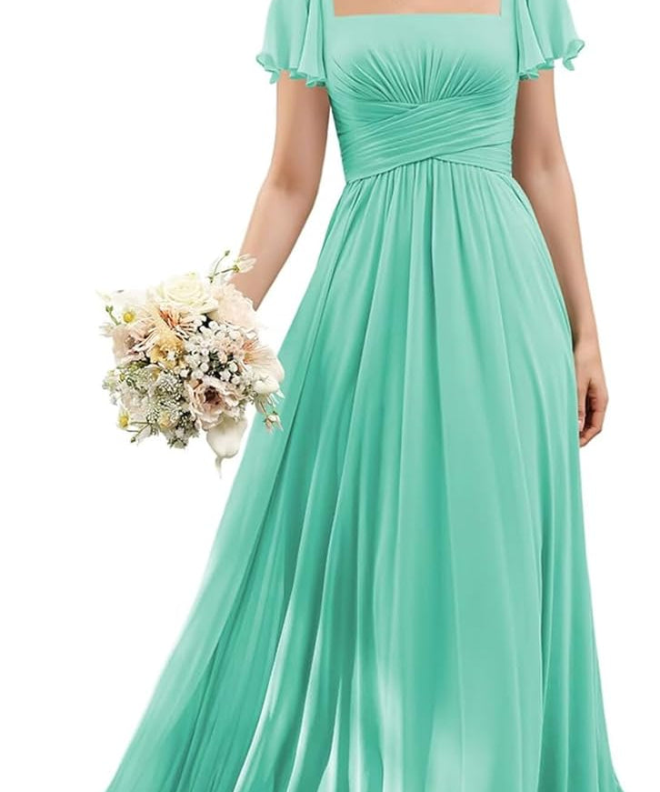 Flutter Sleeves Junior Bridesmaid Dress Square Neck Flower Girl Dresses with Ruffles A Line Wedding Party Gown