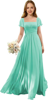 Augday Flutter Sleeves Junior Bridesmaid Dress Square Neck Flower Girl Dresses with Ruffles A Line Wedding Party Gown