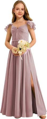 Augday Chiffon Junior Bridesmaid Dress Pleated V-Neck Cap Sleeves A-Line Flower Girl Formal Gown UJR151