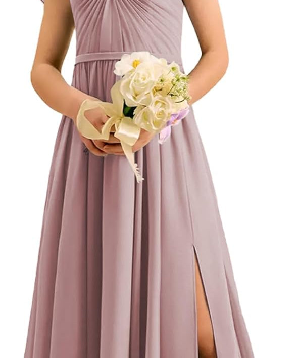 Augday Chiffon Junior Bridesmaid Dress Pleated V-Neck Cap Sleeves A-Line Flower Girl Formal Gown UJR151