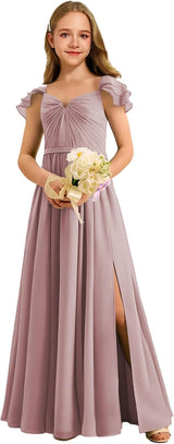 Augday Chiffon Junior Bridesmaid Dress Pleated V-Neck Cap Sleeves A-Line Flower Girl Formal Gown