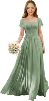 Augday Flutter Sleeves Junior Bridesmaid Dress Square Neck Flower Girl Dresses with Ruffles A Line Wedding Party Gown