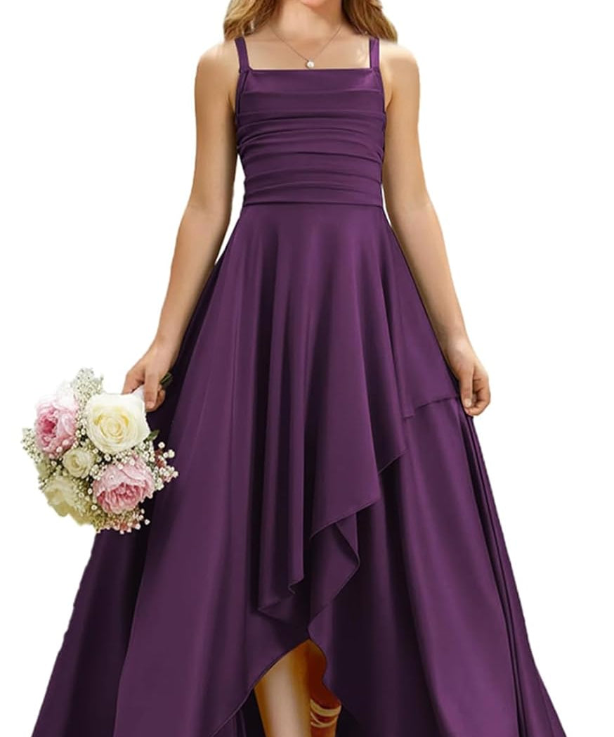 Augday Satin Junior Bridesmaid Dress with Adjustable Straps A-Line Flower Girl Formal Gown UJR150