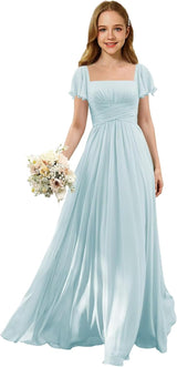 Augday Flutter Sleeves Junior Bridesmaid Dress Square Neck Flower Girl Dresses with Ruffles A Line Wedding Party Gown