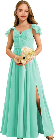 Augday Chiffon Junior Bridesmaid Dress Pleated V-Neck Cap Sleeves A-Line Flower Girl Formal Gown UJR151