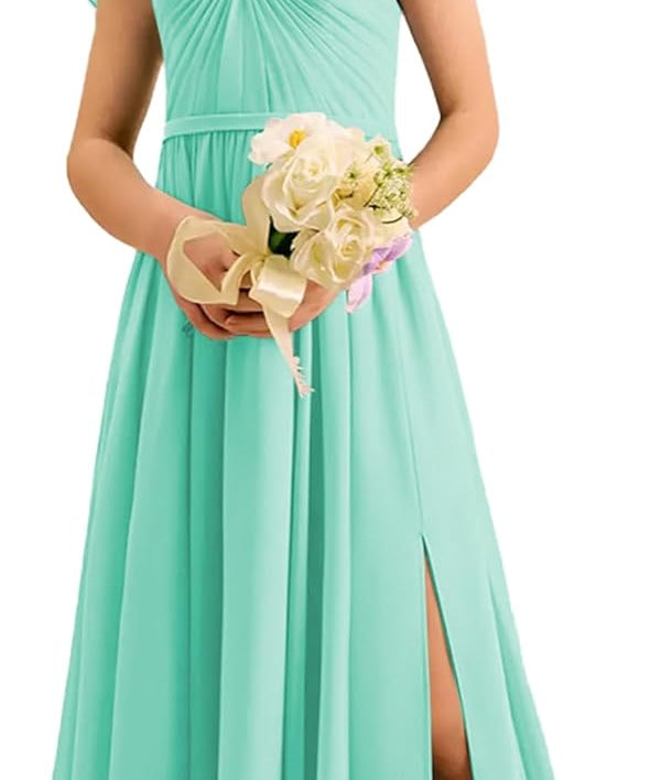 Augday Chiffon Junior Bridesmaid Dress Pleated V-Neck Cap Sleeves A-Line Flower Girl Formal Gown UJR151
