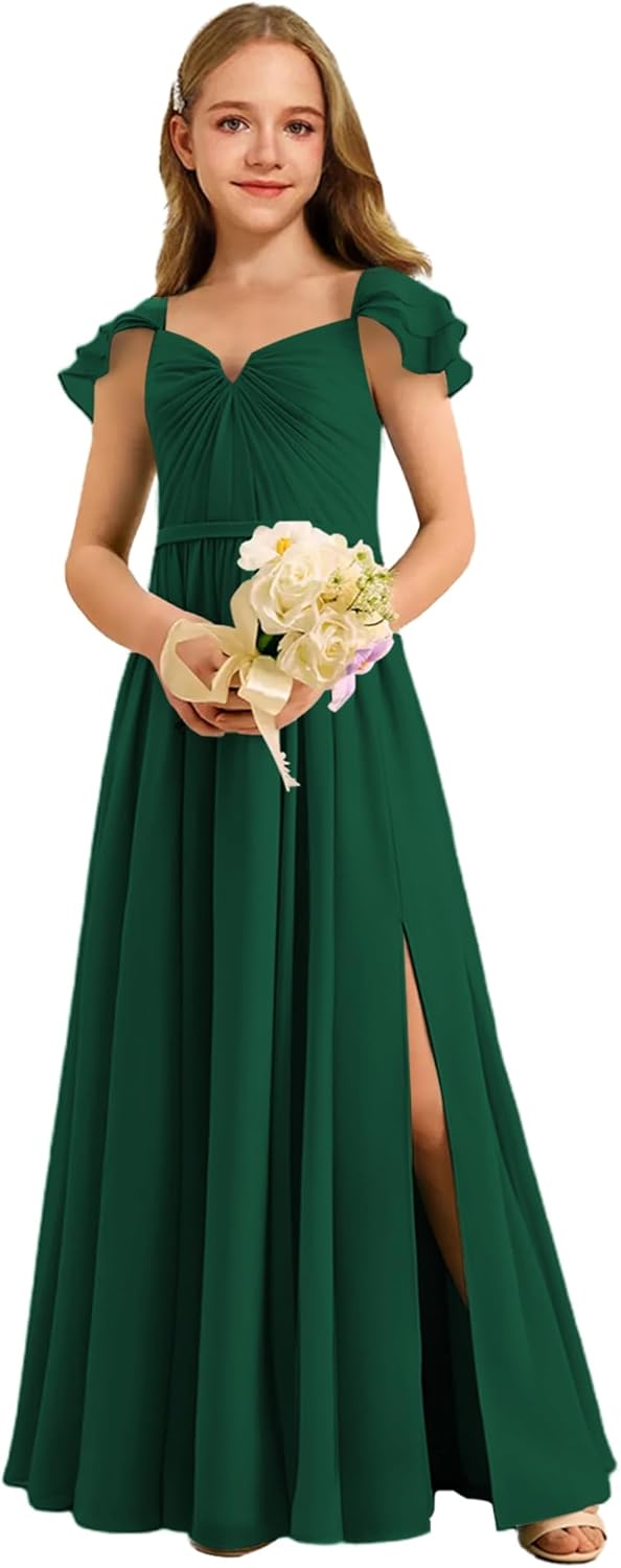 Augday Chiffon Junior Bridesmaid Dress Pleated V-Neck Cap Sleeves A-Line Flower Girl Formal Gown UJR151