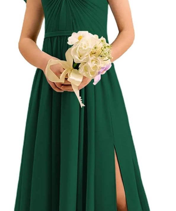 Augday Chiffon Junior Bridesmaid Dress Pleated V-Neck Cap Sleeves A-Line Flower Girl Formal Gown UJR151