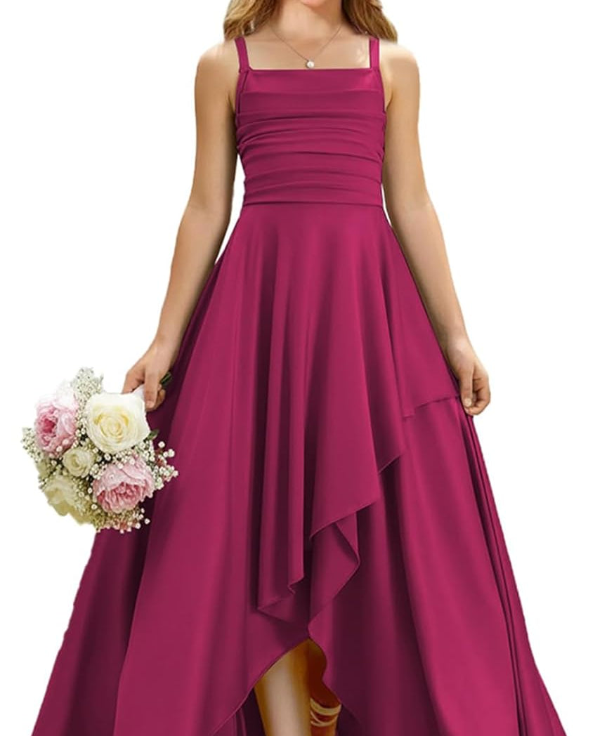 Augday Satin Junior Bridesmaid Dress with Adjustable Straps A-Line Flower Girl Formal Gown UJR150
