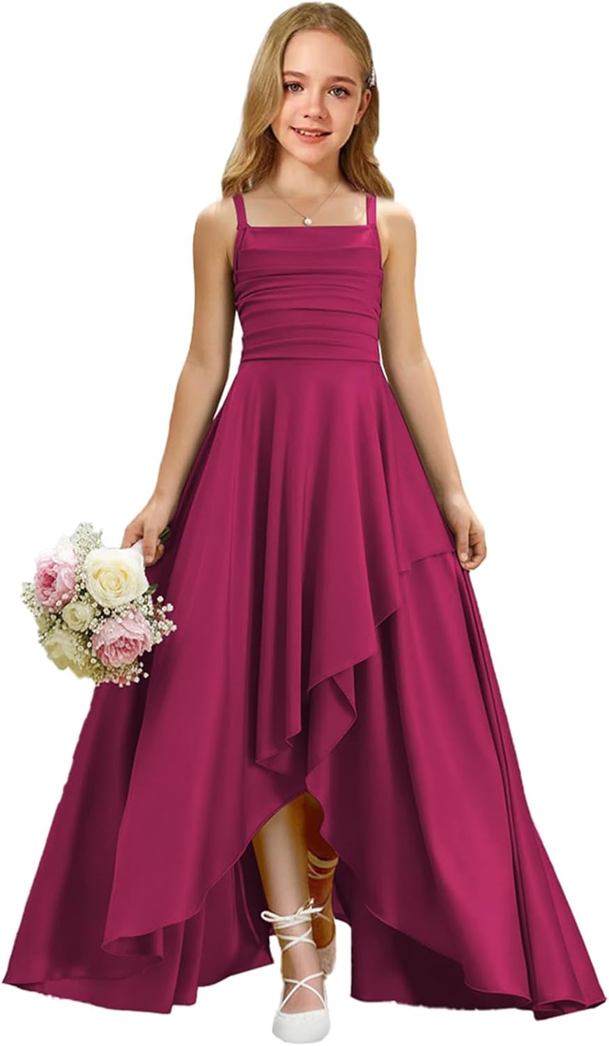 Augday Satin Junior Bridesmaid Dress with Adjustable Straps A-Line Flower Girl Formal Gown UJR150
