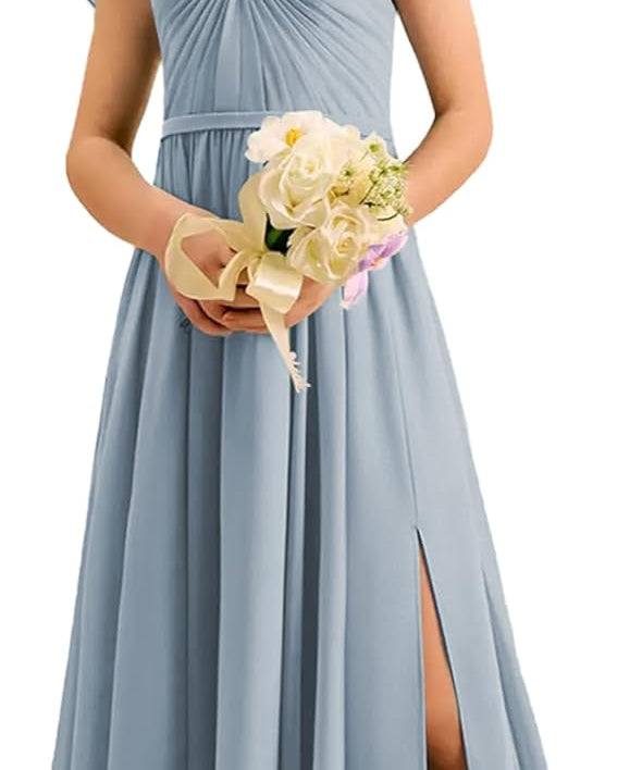 Augday Chiffon Junior Bridesmaid Dress Pleated V-Neck Cap Sleeves A-Line Flower Girl Formal Gown UJR151
