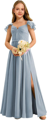 Augday Chiffon Junior Bridesmaid Dress Pleated V-Neck Cap Sleeves A-Line Flower Girl Formal Gown