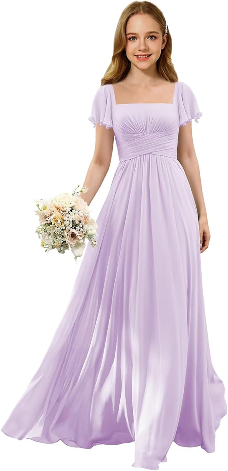 Flutter Sleeves Junior Bridesmaid Dress Square Neck Flower Girl Dresses with Ruffles A Line Wedding Party Gown