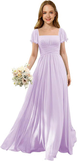 Augday Flutter Sleeves Junior Bridesmaid Dress Square Neck Flower Girl Dresses with Ruffles A Line Wedding Party Gown