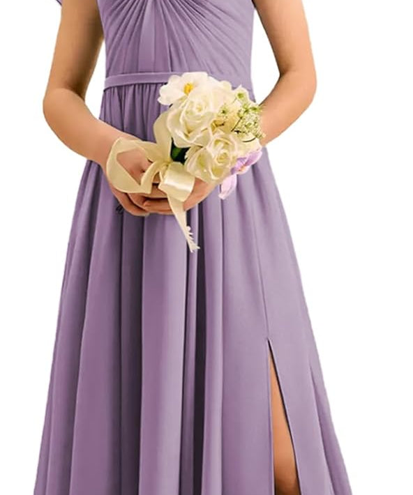 Augday Chiffon Junior Bridesmaid Dress Pleated V-Neck Cap Sleeves A-Line Flower Girl Formal Gown UJR151