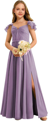 Augday Chiffon Junior Bridesmaid Dress Pleated V-Neck Cap Sleeves A-Line Flower Girl Formal Gown