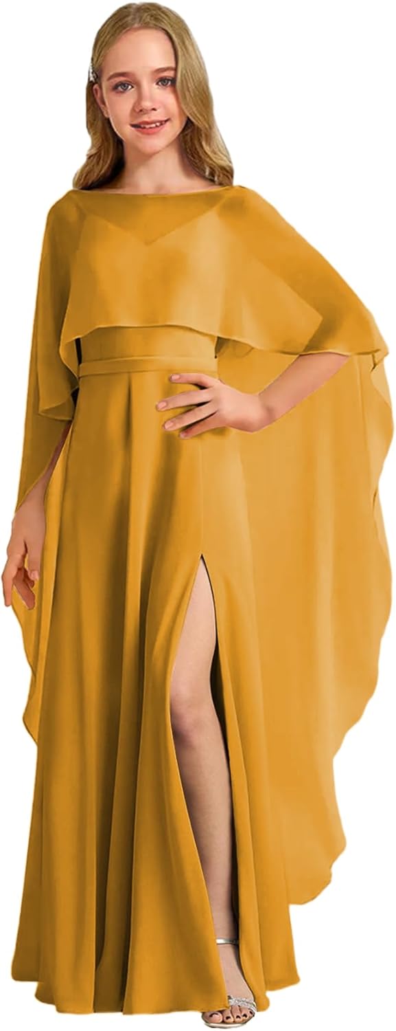 Augday Chiffon Junior Bridesmaid Dress with Cape V-Neck Chiffon A-Line Flower Girl Formal Gown UJR143