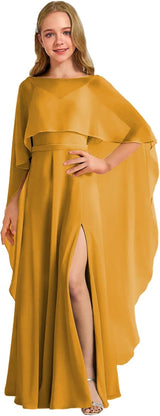 Augday Chiffon Junior Bridesmaid Dress with Cape V-Neck Chiffon A-Line Flower Girl Formal Gown