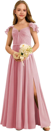 Augday Chiffon Junior Bridesmaid Dress Pleated V-Neck Cap Sleeves A-Line Flower Girl Formal Gown UJR151