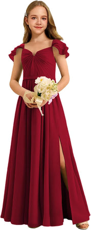 Augday Chiffon Junior Bridesmaid Dress Pleated V-Neck Cap Sleeves A-Line Flower Girl Formal Gown UJR151