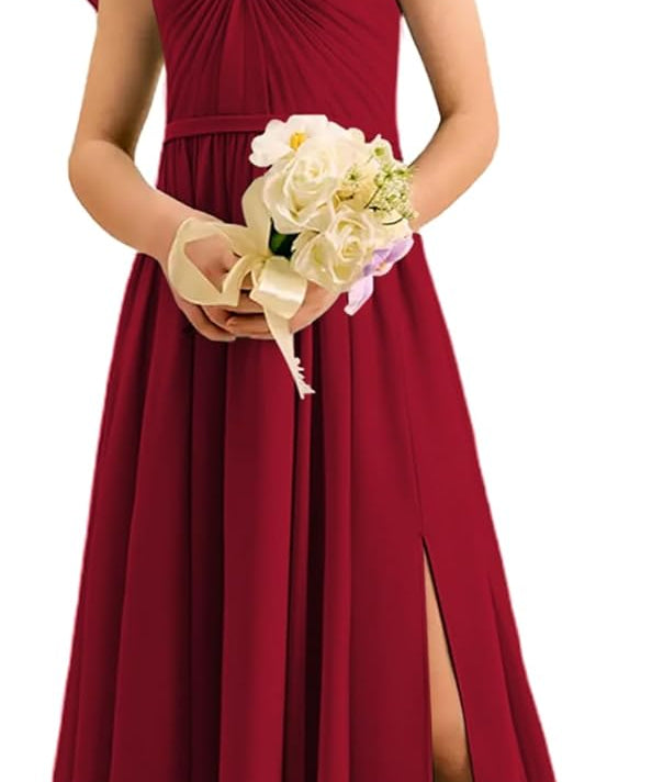 Augday Chiffon Junior Bridesmaid Dress Pleated V-Neck Cap Sleeves A-Line Flower Girl Formal Gown UJR151