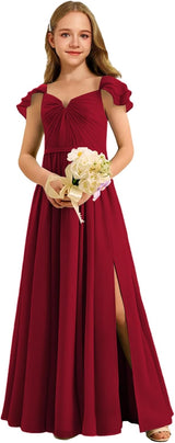 Augday Chiffon Junior Bridesmaid Dress Pleated V-Neck Cap Sleeves A-Line Flower Girl Formal Gown