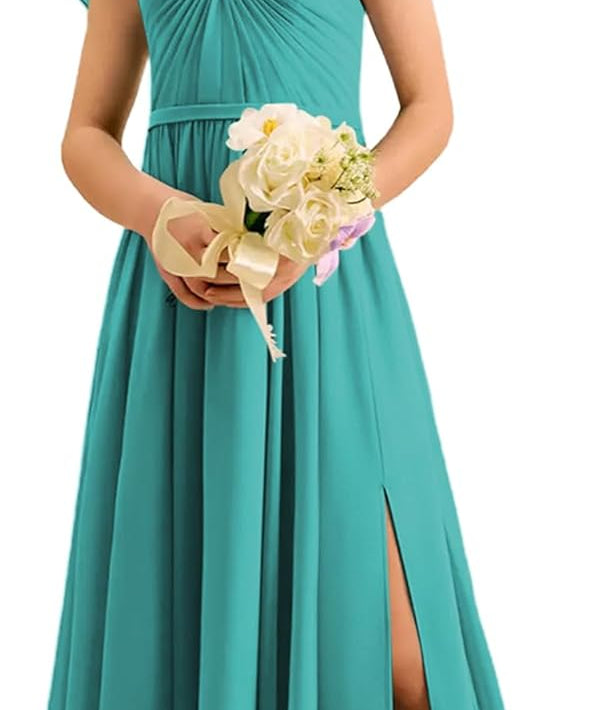 Augday Chiffon Junior Bridesmaid Dress Pleated V-Neck Cap Sleeves A-Line Flower Girl Formal Gown UJR151