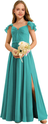 Augday Chiffon Junior Bridesmaid Dress Pleated V-Neck Cap Sleeves A-Line Flower Girl Formal Gown