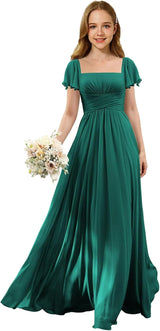 Augday Flutter Sleeves Junior Bridesmaid Dress Square Neck Flower Girl Dresses with Ruffles A Line Wedding Party Gown