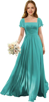 Augday Flutter Sleeves Junior Bridesmaid Dress Square Neck Flower Girl Dresses with Ruffles A Line Wedding Party Gown