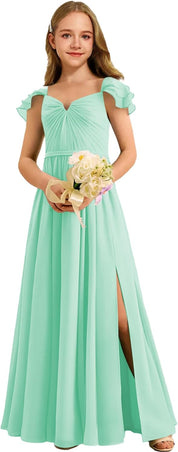Augday Chiffon Junior Bridesmaid Dress Pleated V-Neck Cap Sleeves A-Line Flower Girl Formal Gown UJR151