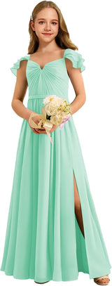 Augday Chiffon Junior Bridesmaid Dress Pleated V-Neck Cap Sleeves A-Line Flower Girl Formal Gown
