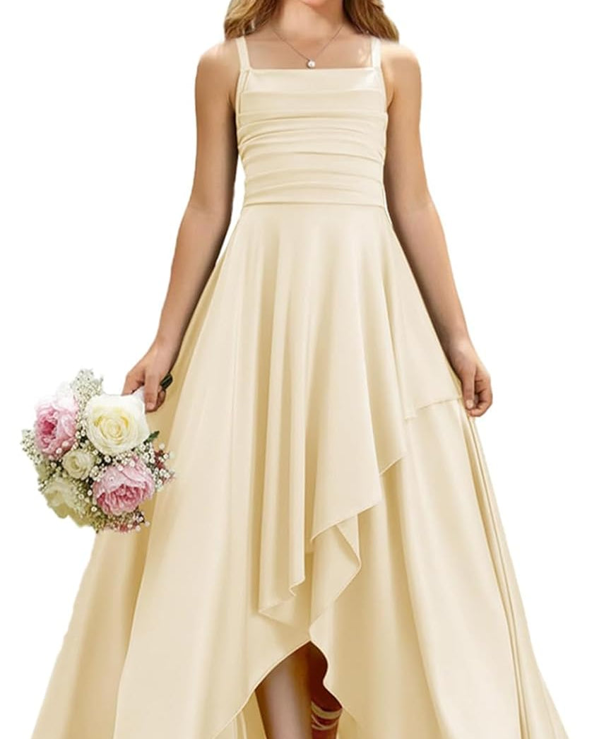 Augday Satin Junior Bridesmaid Dress with Adjustable Straps A-Line Flower Girl Formal Gown UJR150