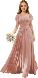 Augday Flutter Sleeves Junior Bridesmaid Dress Square Neck Flower Girl Dresses with Ruffles A Line Wedding Party Gown
