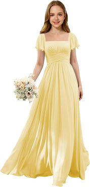 Flutter Sleeves Junior Bridesmaid Dress Square Neck Flower Girl Dresses with Ruffles A Line Wedding Party Gown