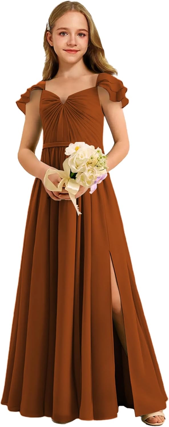 Augday Chiffon Junior Bridesmaid Dress Pleated V-Neck Cap Sleeves A-Line Flower Girl Formal Gown UJR151