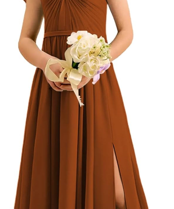 Augday Chiffon Junior Bridesmaid Dress Pleated V-Neck Cap Sleeves A-Line Flower Girl Formal Gown UJR151
