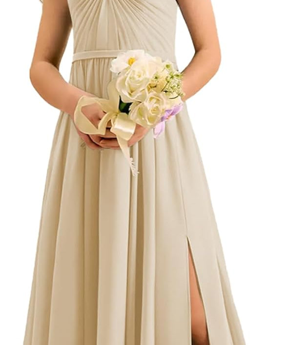 Augday Chiffon Junior Bridesmaid Dress Pleated V-Neck Cap Sleeves A-Line Flower Girl Formal Gown UJR151