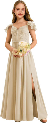 Augday Chiffon Junior Bridesmaid Dress Pleated V-Neck Cap Sleeves A-Line Flower Girl Formal Gown