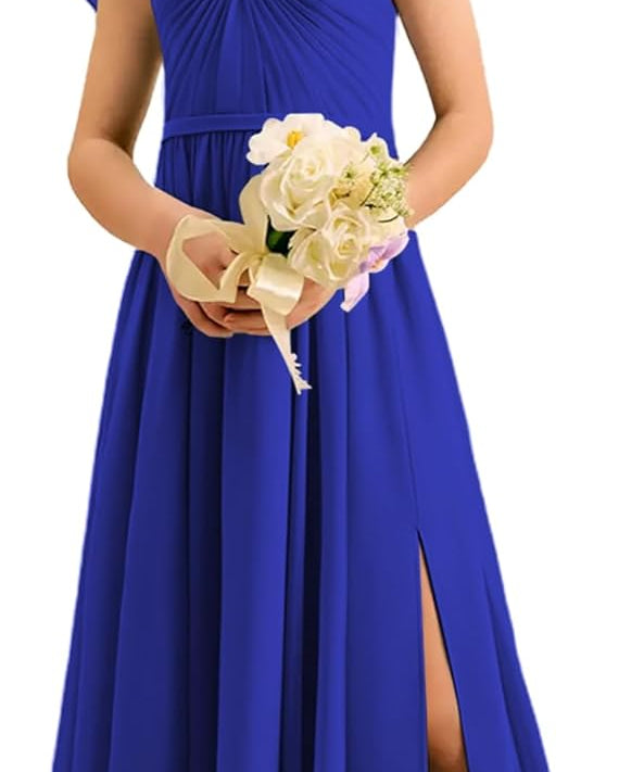 Augday Chiffon Junior Bridesmaid Dress Pleated V-Neck Cap Sleeves A-Line Flower Girl Formal Gown UJR151
