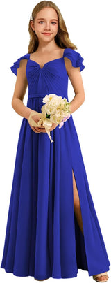 Augday Chiffon Junior Bridesmaid Dress Pleated V-Neck Cap Sleeves A-Line Flower Girl Formal Gown