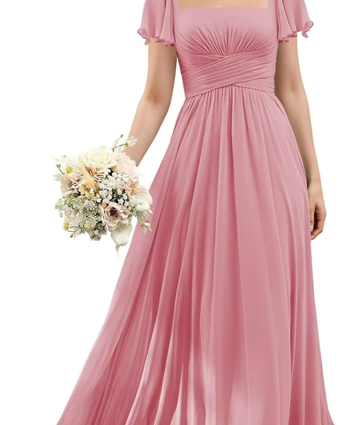 Flutter Sleeves Junior Bridesmaid Dress Square Neck Flower Girl Dresses with Ruffles A Line Wedding Party Gown