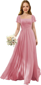 Augday Flutter Sleeves Junior Bridesmaid Dress Square Neck Flower Girl Dresses with Ruffles A Line Wedding Party Gown