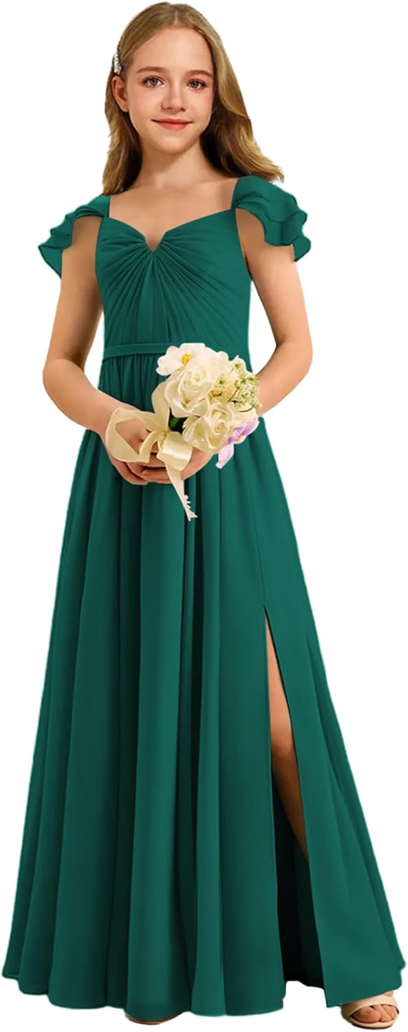 Augday Chiffon Junior Bridesmaid Dress Pleated V-Neck Cap Sleeves A-Line Flower Girl Formal Gown UJR151