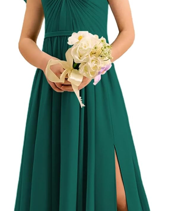Augday Chiffon Junior Bridesmaid Dress Pleated V-Neck Cap Sleeves A-Line Flower Girl Formal Gown UJR151